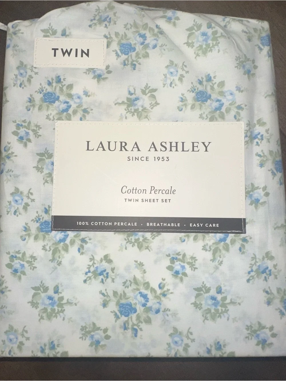 NWT Laura Ashley Twin Sheet Set Cotton Percale Blue Floral Cottagecore